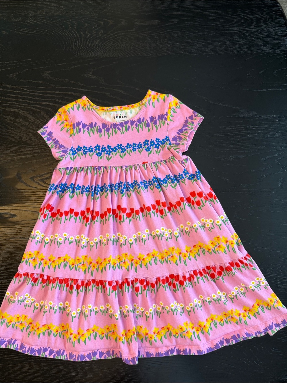 Mini Boden Pink Floral Stripe Cotton Dress w/ Pockets